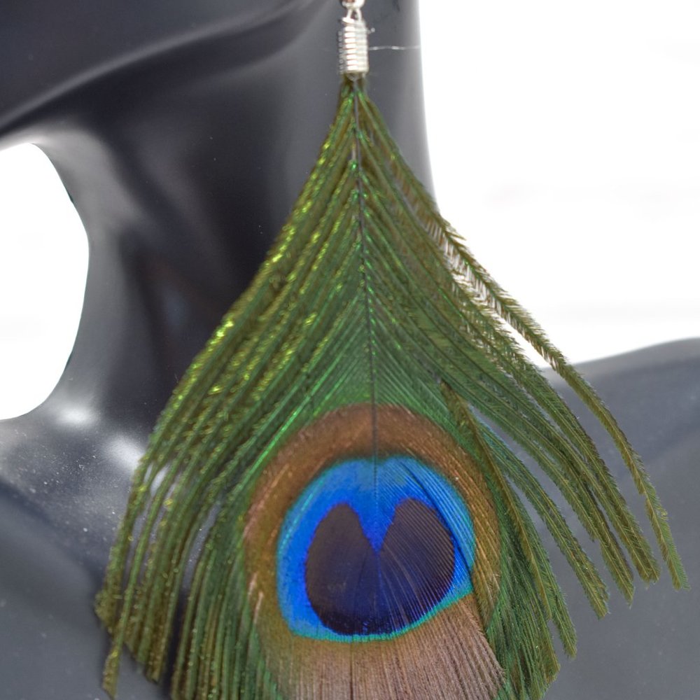 3.5" Drop Peacock Feather Dangle Earrings - Picture 9 of 12